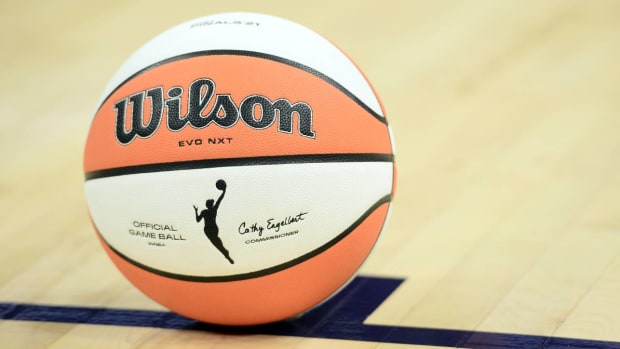 Oct 10, 2021; Phoenix, Arizona, USA; A view of the offical game ball during the second half of game one of the 2021 WNBA Finals between the Phoenix Mercury and the Chicago Sky at Footprint Center.